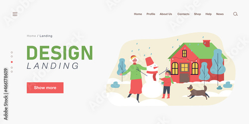 Grandma and grandson making snowman together in backyard. Flat vector illustration. Old woman, child, dog having fun under snowfall. Family, winter, Christmas, holidays, childhood concept for design