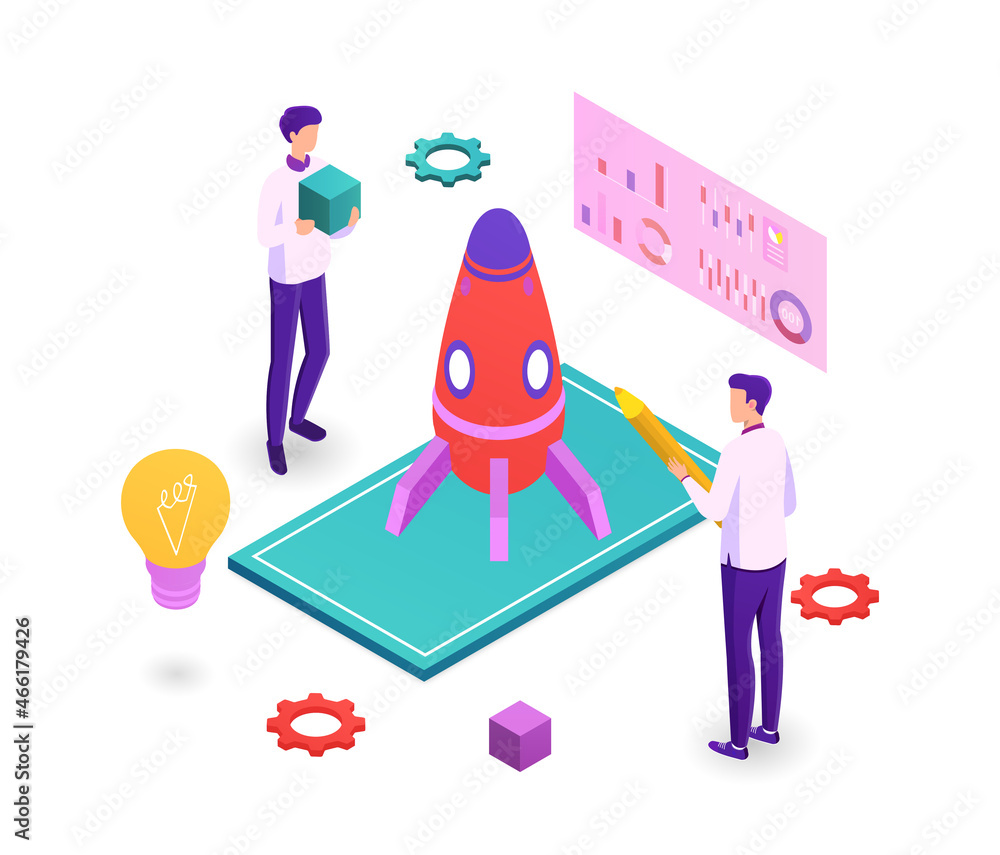 Startup project development. Men analyze statistics and look for strategies for growth of company. Team prepares rocket for launch. Metaphor for new business. Cartoon isometric vector illustration Startup project development. Men analyze statistics and look for strategies for growth of company. Team prepares rocket for launch. Metaphor for new business. Cartoon isometric vector illustration