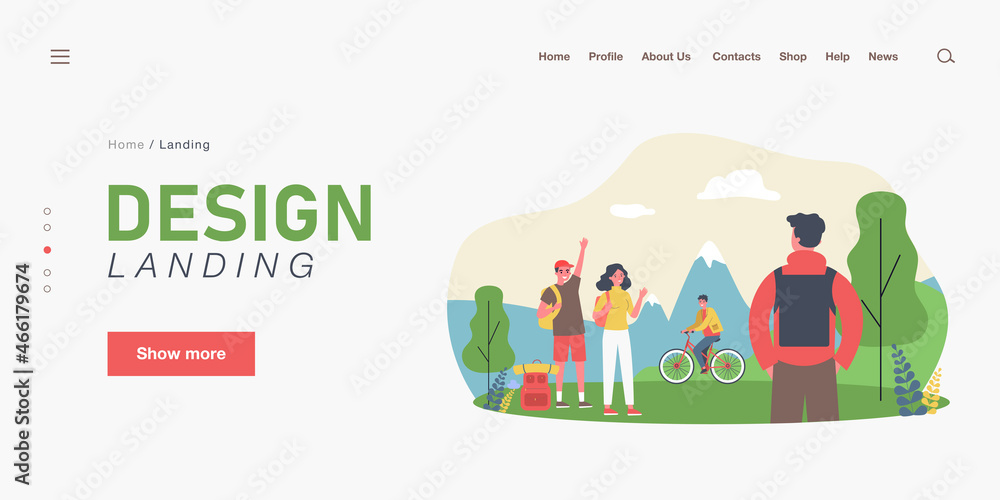 Friends going on hike flat vector illustration. Young people with backpacks meeting guy in nature, waving hands, going on trip together, cyclist in background. Travel, nature, friendship concept Friends going on hike flat vector illustration. Young people with backpacks meeting guy in nature, waving hands, going on trip together, cyclist in background. Travel, nature, friendship concept