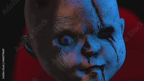 Creepy seamless animation of an horror devil doll head with color strobe lights. Halloween background of a terror character with blood splashes.