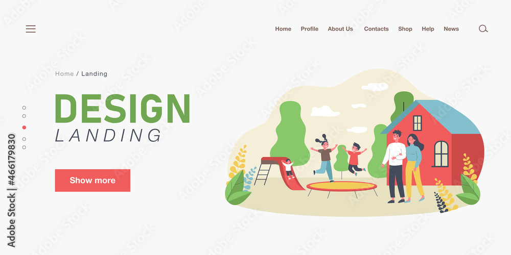 Happy parents and children in backyard playground. Married couple looking at kids playing outside flat vector illustration. Family, childhood concept for banner, website design or landing web page