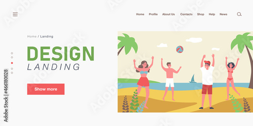 Group of friends playing with ball on beach. People in swimming suits on seashore flat vector illustration. Summer, vacation, outdoor activity concept for banner, website design or landing page