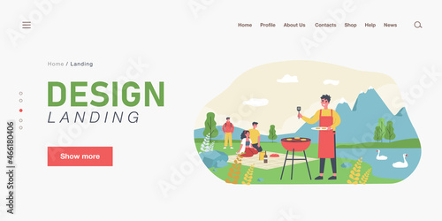 Fototapeta Naklejka Na Ścianę i Meble -  Happy family having picnic in mountains. Man in apron grilling meat near lake with swans flat vector illustration. Outdoor activity, holiday, picnic concept for banner, website design or landing page