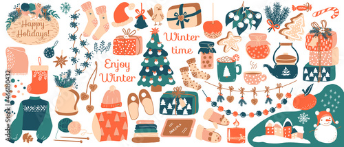 Winter set. Vector items of hand drawn elements of clothes  kitchenware  gift boxes  garlands  gingerbread  candy  christmas toys. Trendy objects for cozy winter time