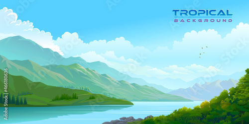 A pile of stones and rocks in the middle of a flowing river. Hills, mountains, and a river side forest.