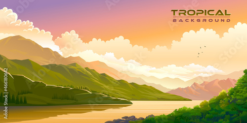 A riverside view of the mountains during sundown.