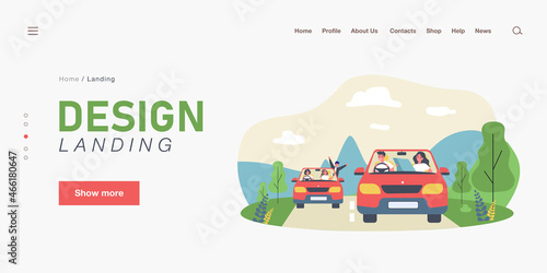 Friends going on road trip together. Flat vector illustration. Young men and women travelling in two identical cars along pre-planned route. Adventure, friendship, transport, travel, auto concept