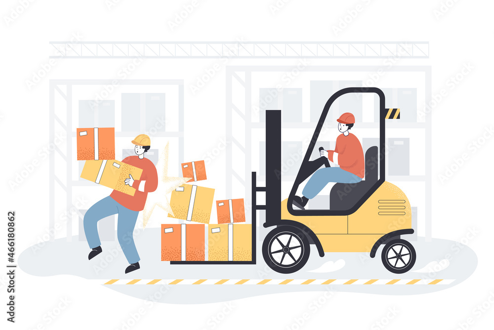 Factory accident with worker and forklift driver in warehouse. Man carrying boxes, falling from unsafe hit of loader flat vector illustration. Injury at workplace, compensation, insurance concept Factory accident with worker and forklift driver in warehouse. Man carrying boxes, falling from unsafe hit of loader flat vector illustration. Injury at workplace, compensation, insurance concept
