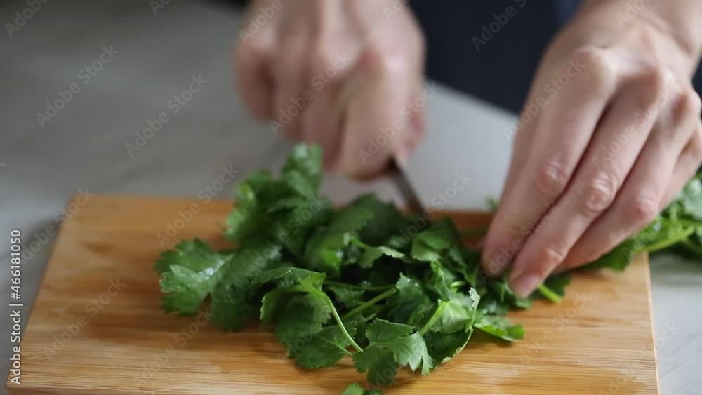 Home made cooking, person cutting green coriander on wooden cutting board. Home made cooking, person cutting green coriander on wooden cutting board.