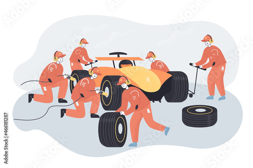 Car repair at sport races by professional team of mechanics. Racer and technicians in uniform repairing car on pit stop flat vector illustration. Maintenance service during competition concept