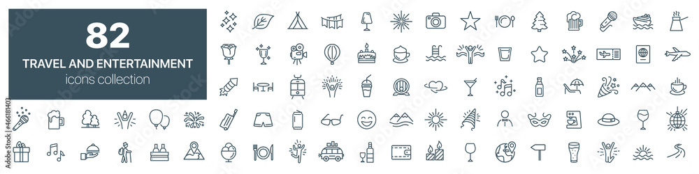 Travel and entertainment line icons collection. Vector illustration eps10 - obrazy, fototapety, plakaty 