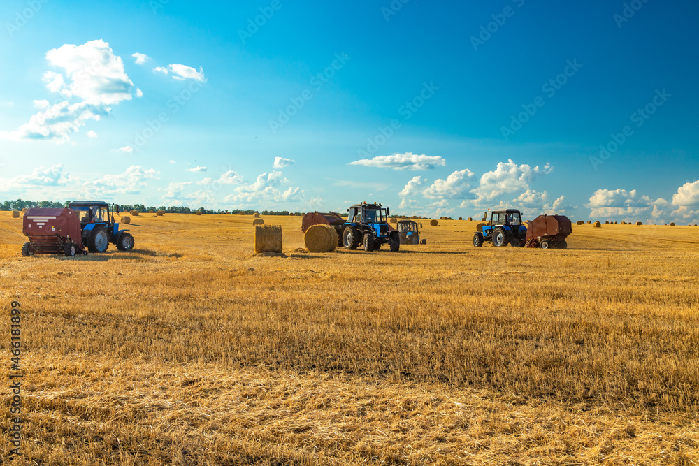 Fototapeta premium Tractor with bale machine for harvesting straw in the field and making large round bales. Agricultural work, harvesting hay on the hills in summer field