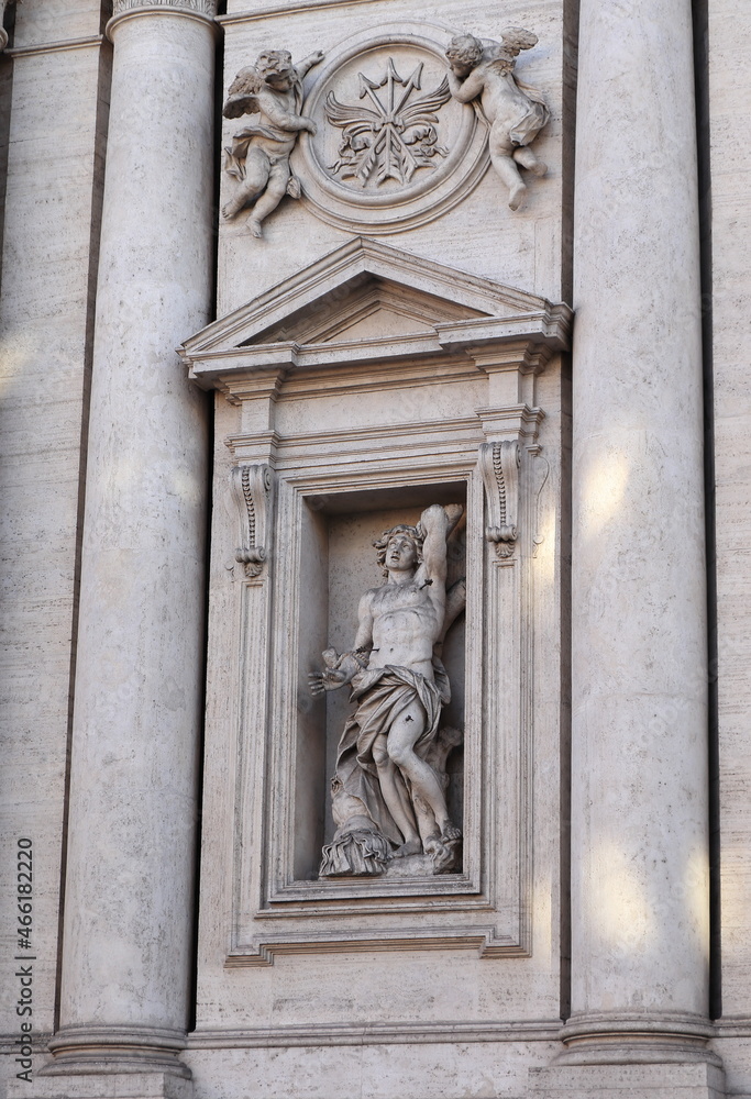 Sant'Andrea della Valle Church Facade Detail with Statue of Saint Sebastian and Columns in Rome, Italy