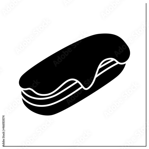 Long donut glyph icon. Sugar glazed vanilla cream filled french eclair. Concept of puff pastry, sweet treats and doughnut baking. Filled flat sign. Isolated silhouette vector illustration