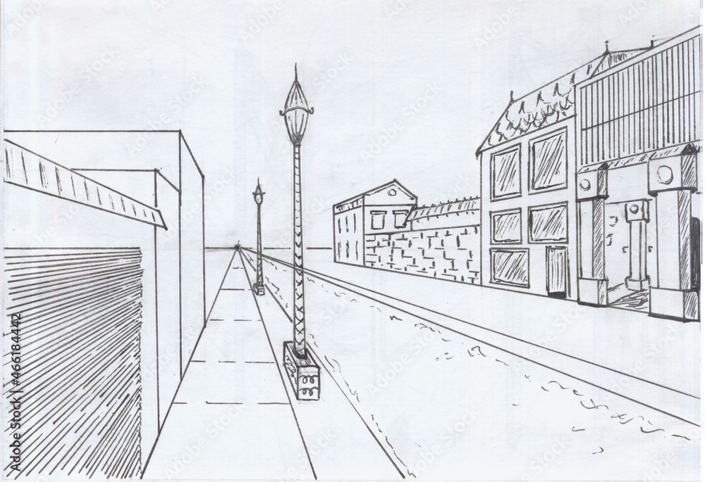 sketch of a street in one point perspective