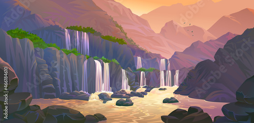 An illustration of waterfall during a sunset.