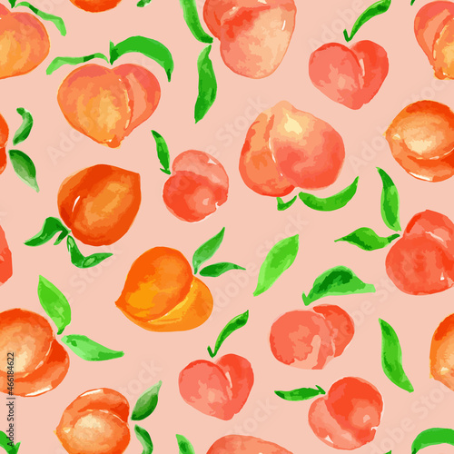 Watercolor peaches with leaves surface seamless repeat pattern. Random placed, hand drawn vector fruits all over print.