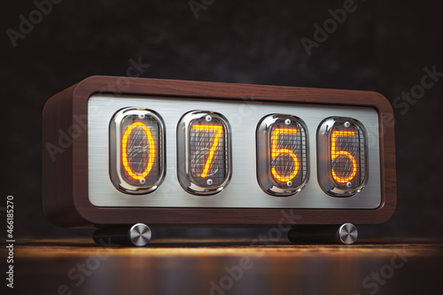 Vintage nixie alarm clock with 8 am.