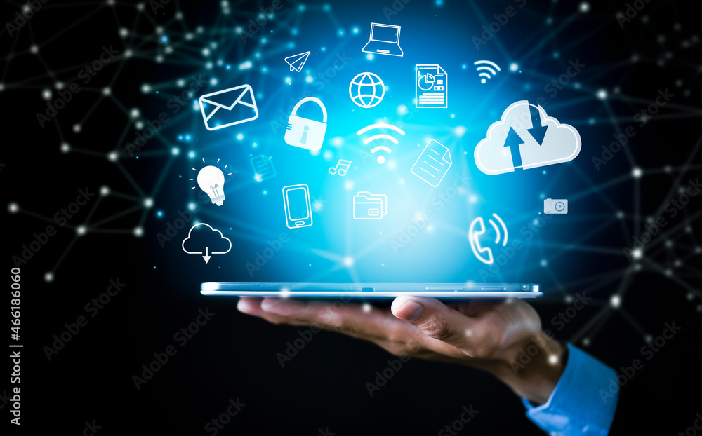 Businessman line connecting icons applications of communication icon on the background, Image of the globe on the palm of businessman. Media technologies, Cloud Computing, Mail, smartphone. Businessman line connecting icons applications of communication icon on the background, Image of the globe on the palm of businessman. Media technologies, Cloud Computing, Mail, smartphone.