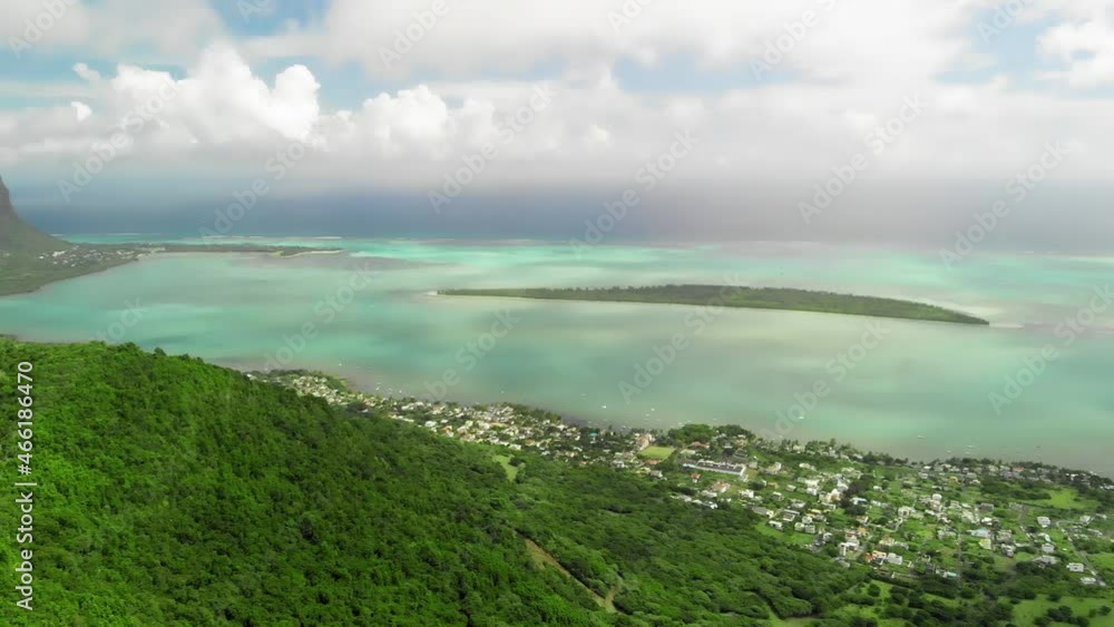 Aerial view of Le Morne Beach and Mauritius coastline on a sunny day Aerial view of Le Morne Beach and Mauritius coastline on a sunny day