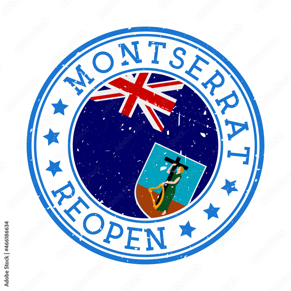 Montserrat Reopening Stamp. Round badge of country with flag of Montserrat. Reopening after lock-down sign. Vector illustration. Montserrat Reopening Stamp. Round badge of country with flag of Montserrat. Reopening after lock-down sign. Vector illustration.