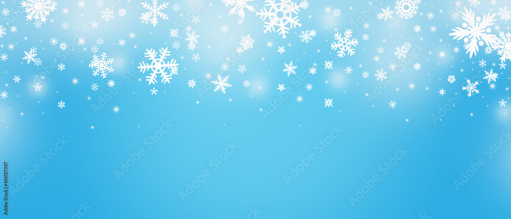 Abstract Christmas top snowflake seamless border on blue background
