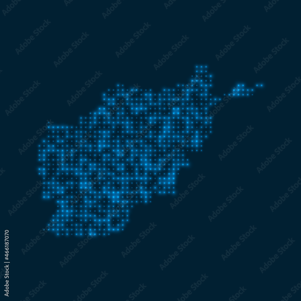Afghanistan dotted glowing map. Shape of the country with blue bright bulbs. Vector illustration.