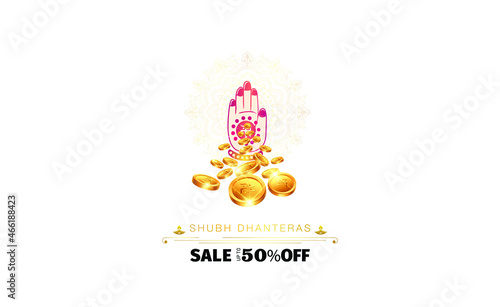 vector illustration of Indian festival Dhanteras background Sales poster with Goddess Lakshmi, Laxmi blessing hand golden coins and jewellery photo