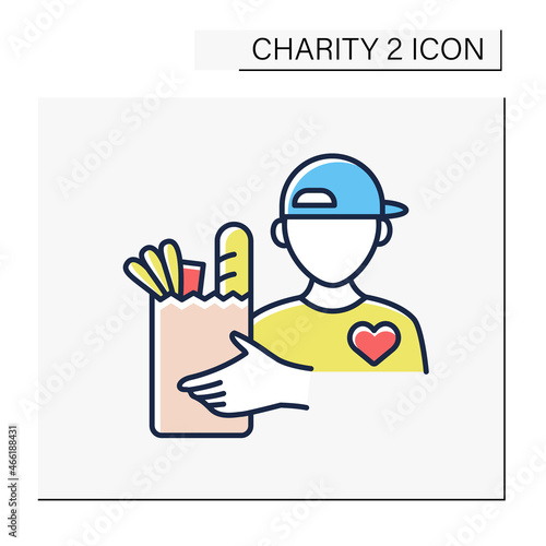 Volunteer color icon. Kind person help people. Man giving grocery bag with food.Help and support. Charity concept. Isolated vector illustration