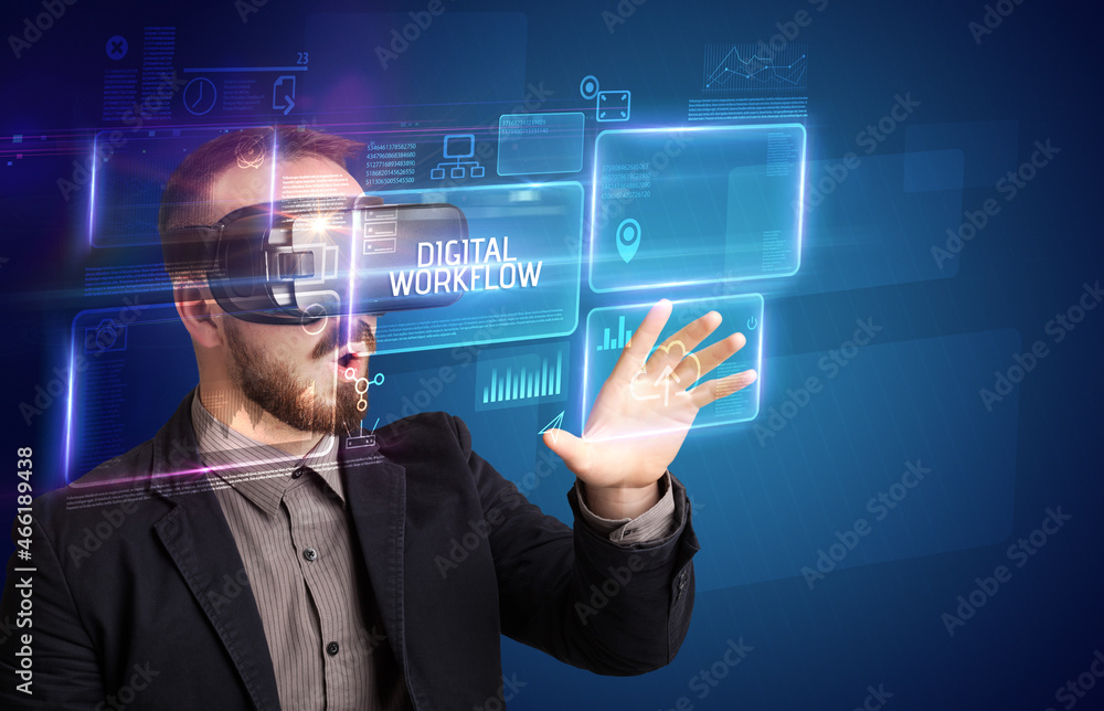 Businessman looking through Virtual Reality glasses, tech concept Businessman looking through Virtual Reality glasses, tech concept