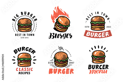 Burger logo set. Emblems or restaurant menu, cafe. Vector illustration