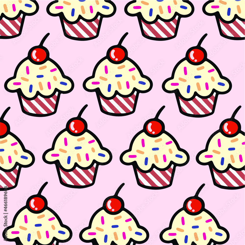 Cupcakes With Cherry Pattern Background. Cake Vector Illustration.