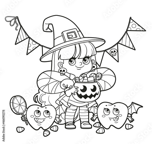 Tooth fairy in a witch costume and teeth in a vampire costume  trick-or-treat outlined for coloring on a white background