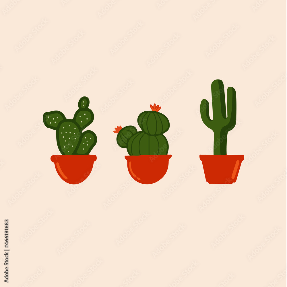 Cactus with Vase Pattern Background. Botanical Vector Illustration.