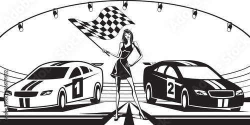 Grid girl launches racing cars show - vector illustration