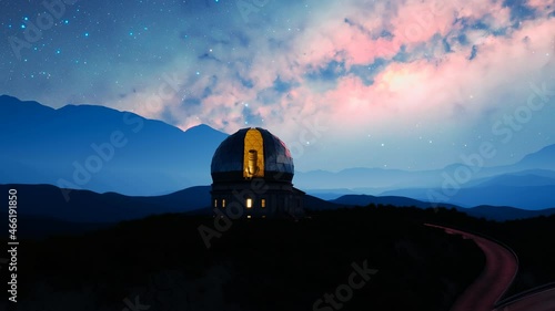 A modern astronomical observatory in mountains during the beautiful starry night photo
