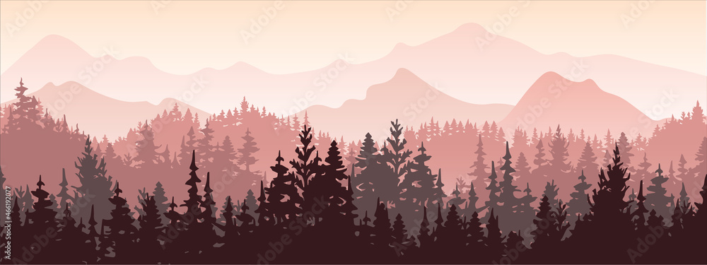 Naklejka Horizontal banner. Magical misty landscape. Silhouette of forest and mountains, fog. Nature background. Pink and violet illustration. ​Bookmark.