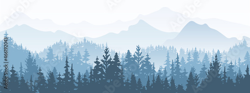 Horizontal banner. Magical misty landscape. Silhouette of forest and mountains, fog. Nature background. Blue and white illustration. ​Bookmark.