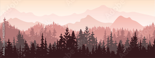 Horizontal banner. Magical misty landscape. Silhouette of forest and mountains  fog. Nature background. Pink and violet illustration.    Bookmark.