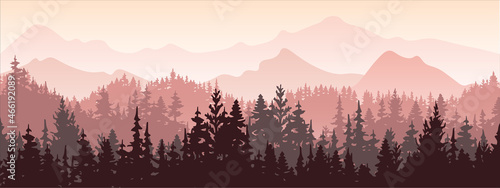 Horizontal banner. Magical misty landscape. Silhouette of forest and mountains, fog. Nature background. Pink and violet illustration. ​Bookmark.