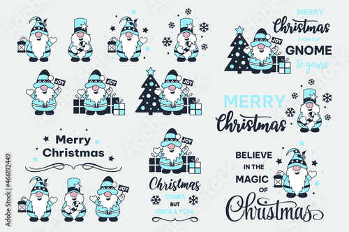 Set of Christmas gnomes. Christmas quotes and sayings. Winter holidays.