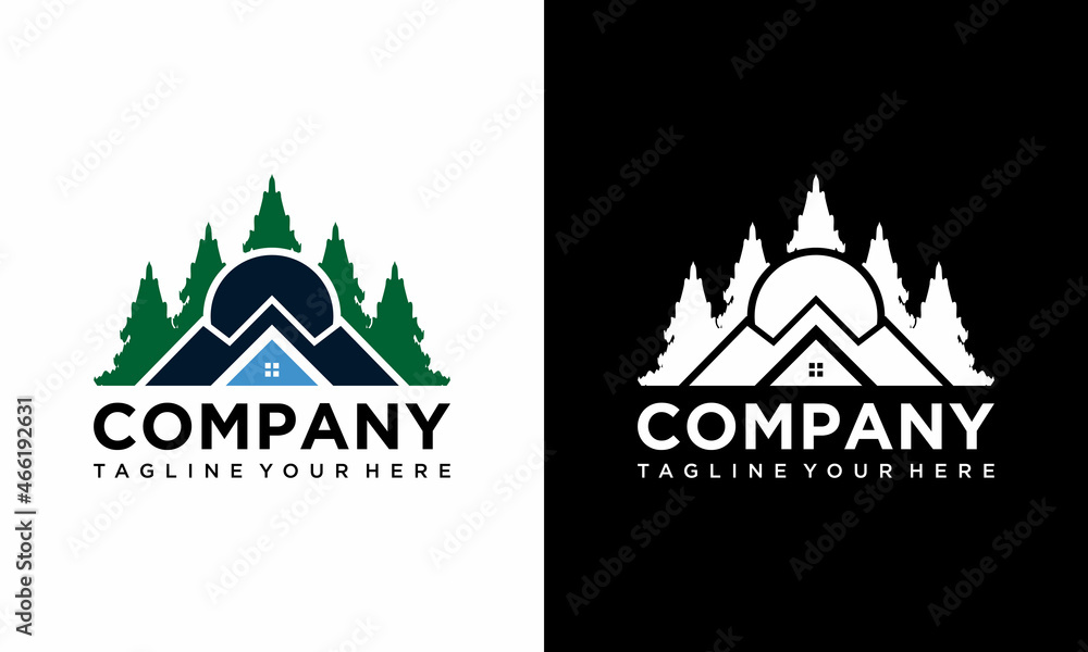 Three House Three Mountain Logo design vector template on a black and white background.
