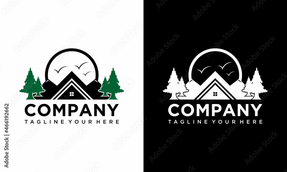 Three House Three Mountain Logo design vector template on a black and white background.