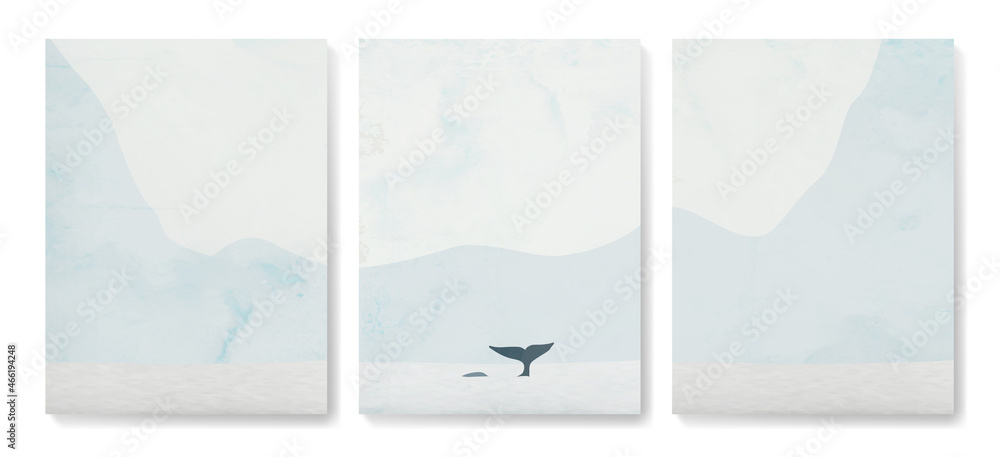 Art background with winter landscape. Mountains and ocean in winter with a whale for print, home decor, textiles