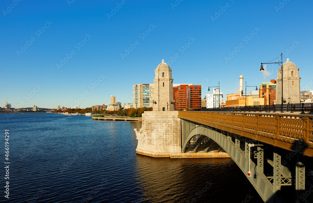 Boston Skyline  showing Longfellow Bridge at early morning .The Bridge is a steel rib arch bridge spanning the Charles River to connect Boston's Beacon Hill with the Kendall Square area of Cambridge.