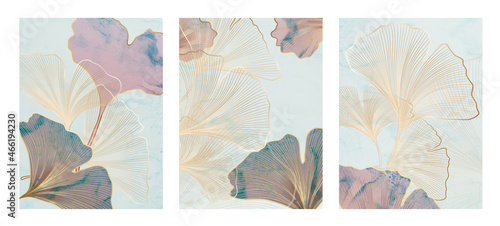 Luxury background with ginkgo leaves in pastel and gold colors. Art poster for print, home decoration, print on textiles