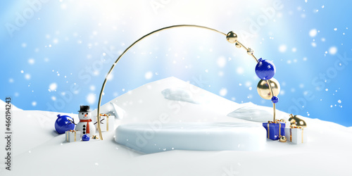 Christmas composition on a white background. Gift boxes, ice stand,  snowman  and Christmas tree. 3d render