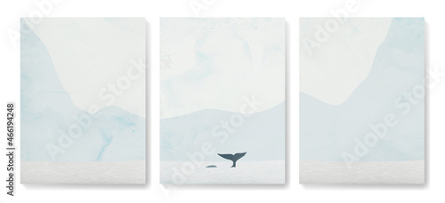Art background with winter landscape. Mountains and ocean in winter with a whale for print, home decor, textiles
