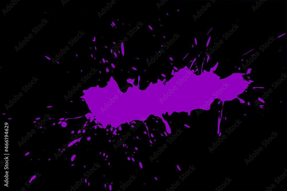 Violet blot on a black background. Spots of paint on a piece of paper.