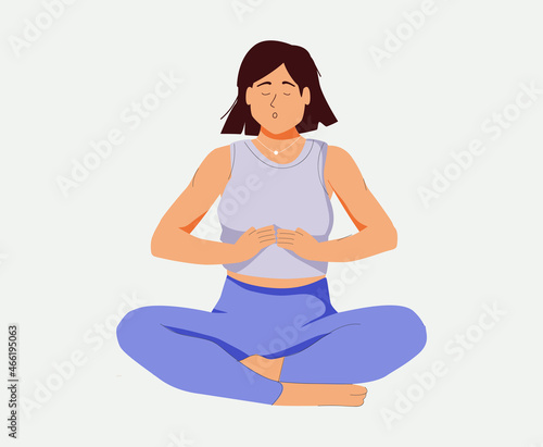 Woman makes Breathing exercise. Girl sits on the floor in pose lotus and makes a exhale. Recovery Respiratory system.